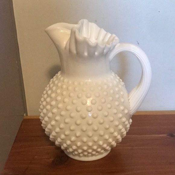 Vintage Milk glass pitcher farmhouse cottage core blown glass Dimple ribbon vase